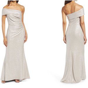 Eliza J One-Shoulder Glitter Mermaid Gown Beige SIZE 12